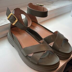 Cole Haan Tea Leaf Green Leather Platform Ankle-Strap Sandals